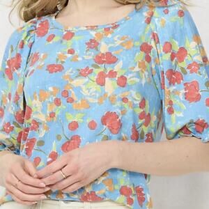 Short Sleeve LC Lauren Conrad Women's Puff Sleeve Top M - Blue Monet Florals